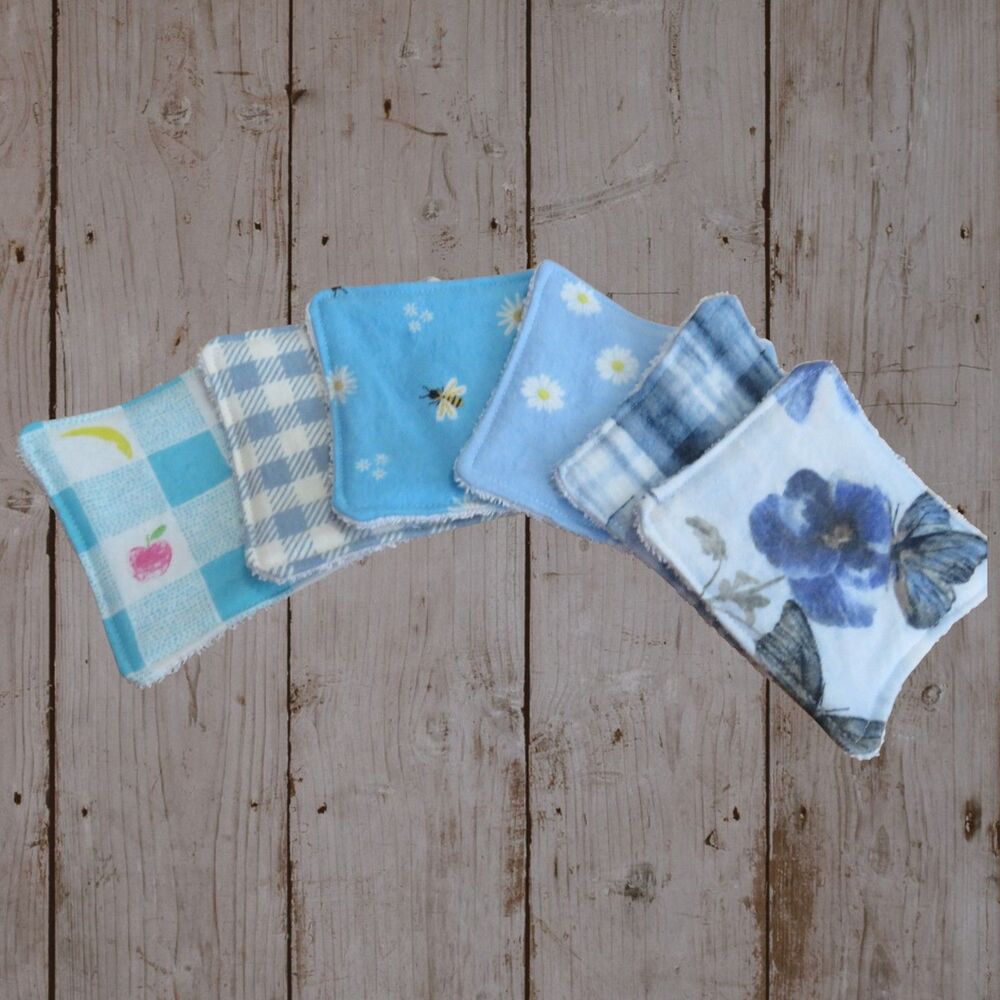 Handmade Makeup Remover Pads, 6 Blue Square Pads, Flannel and Terry Cloth